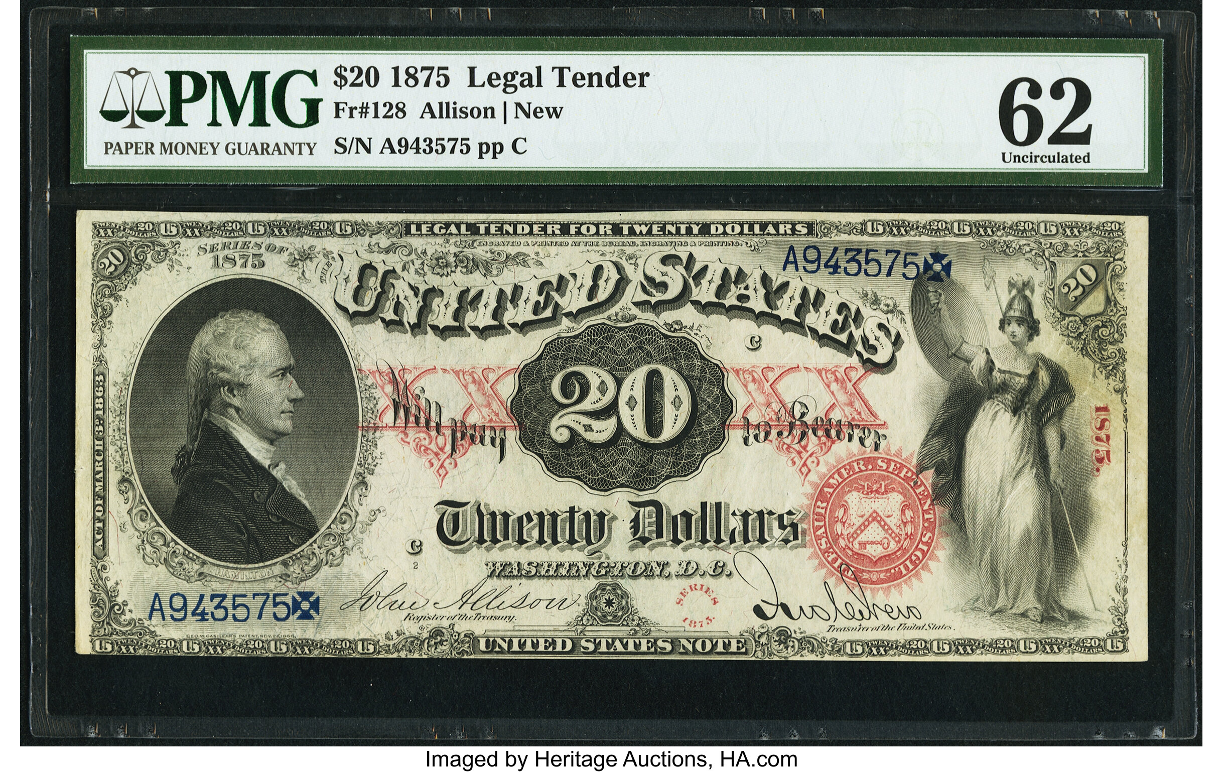 image for: Fr. 128 $20 1875 Legal Tender PMG Uncirculated 62....