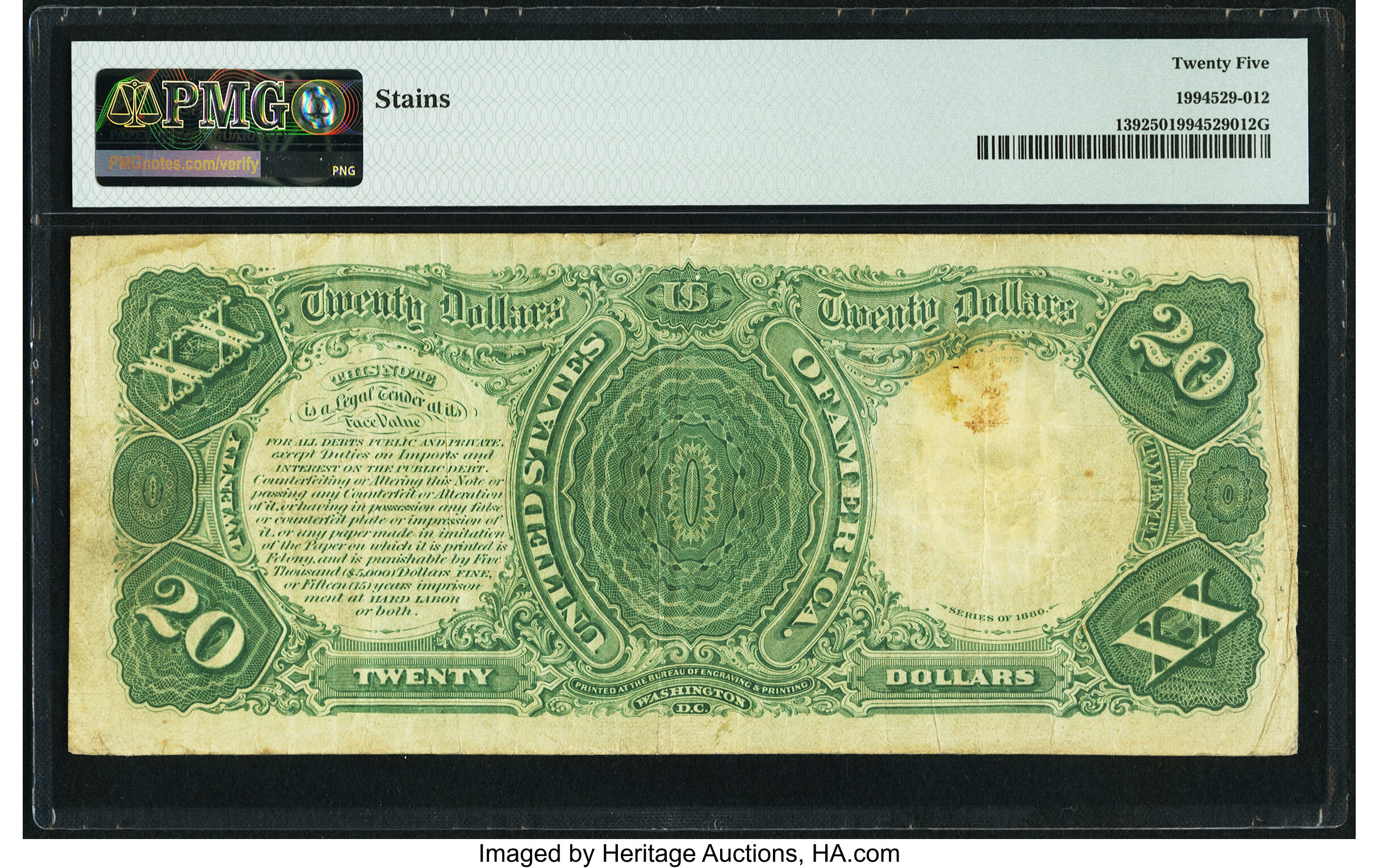 image for: Fr. 139 $20 1880 Legal Tender PMG Very Fine 25....