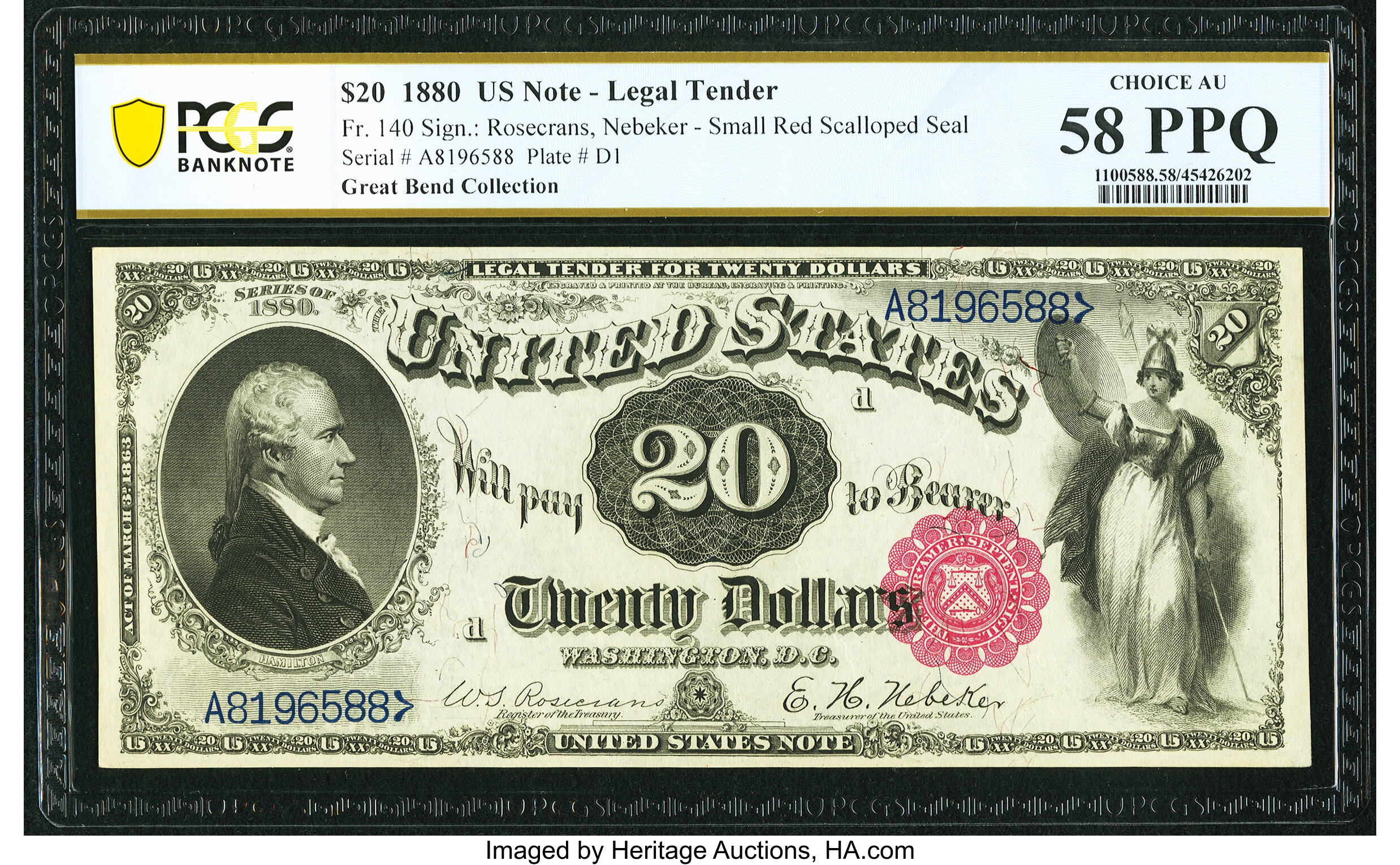 image for: Fr. 140 $20 1880 Legal Tender PCGS Banknote Choice AU 58 PPQ....