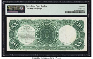 image for: Daniel Morgan Courtesy Autographed Fr. 141 $20 1880 Legal Tender PMG Gem Uncirculated 65 EPQ....