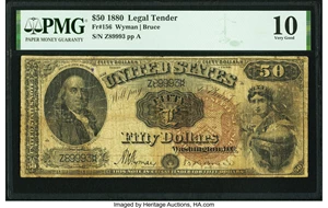 image for: Fr. 156 $50 1880 Legal Tender PMG Very Good 10....