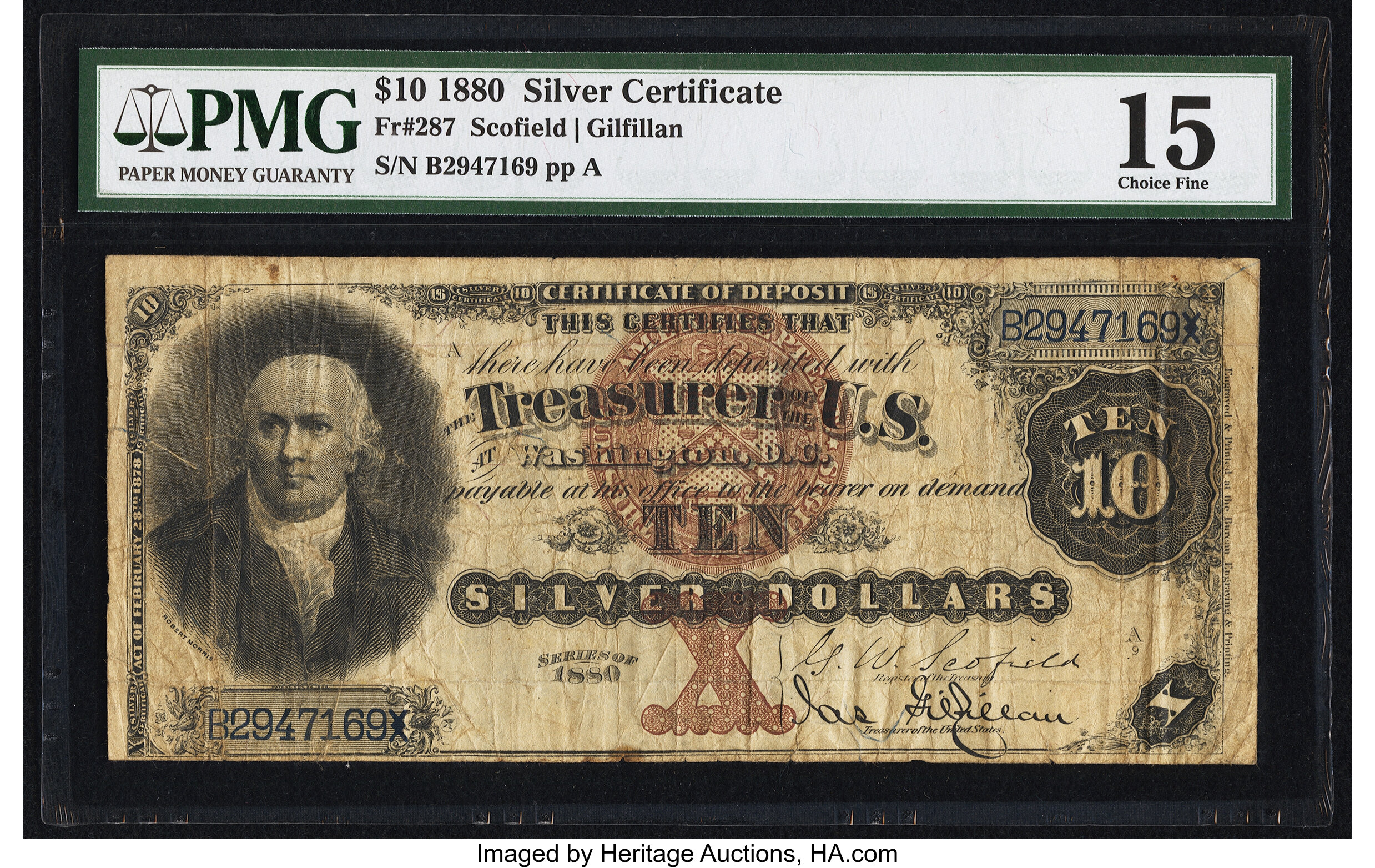 image for: Fr. 287 $10 1880 Silver Certificate PMG Choice Fine 15....