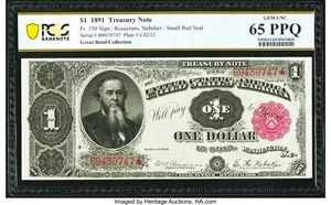 image for: Fr. 350 $1 1891 Treasury Note PCGS Banknote Gem Unc 65 PPQ....