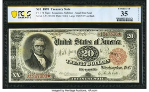 image for: Fr. 374 $20 1890 Treasury Note PCGS Banknote Choice VF 35 Details....