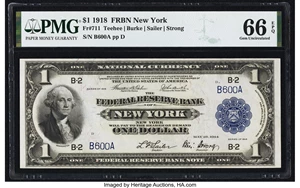 image for: Low Serial Number B600A Fr. 711 $1 1918 Federal Reserve Bank Note PMG Gem Uncirculated 66 EPQ....