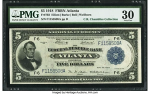 image for: Fr. 792 $5 1918 Federal Reserve Bank Note PMG Very Fine 30....
