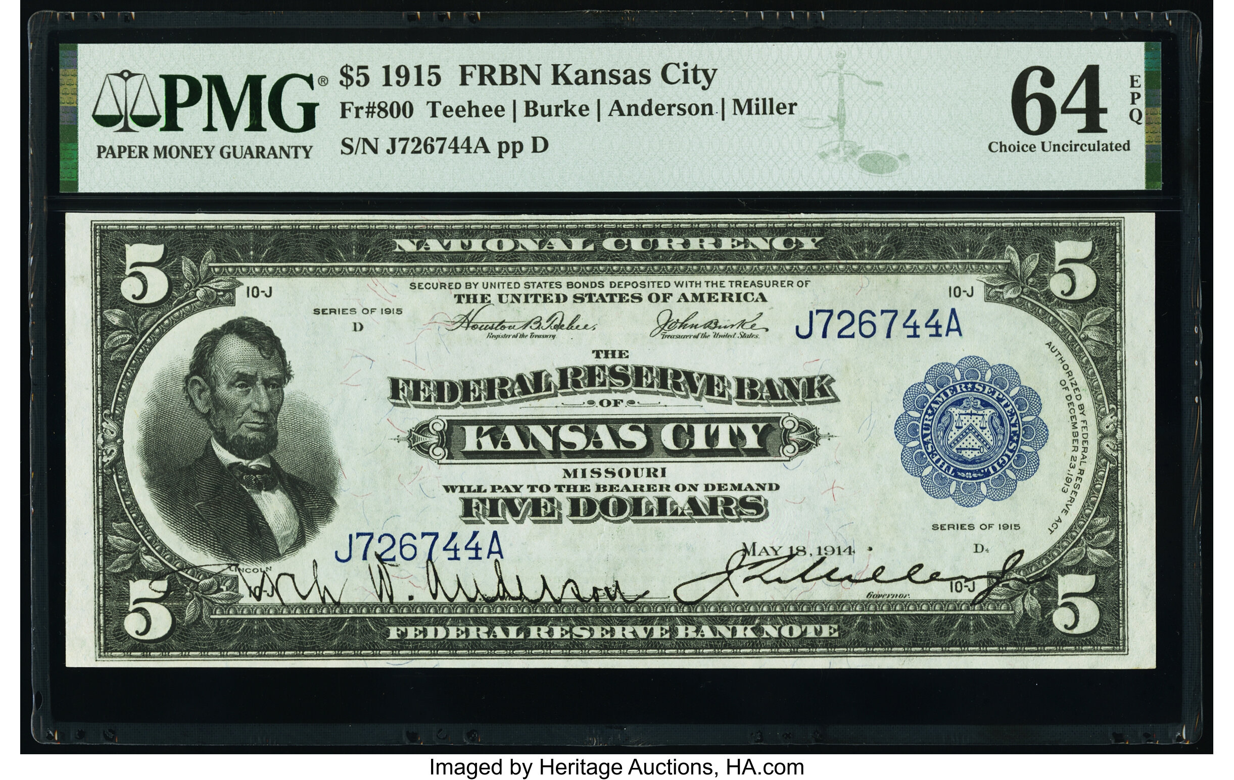 image for: Fr. 800 $5 1915 Federal Reserve Bank Note PMG Choice Uncirculated 64 EPQ....