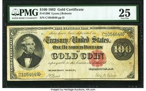 image for: Fr. 1206 $100 1882 Gold Certificate PMG Very Fine 25....