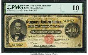 image for: Fr. 1216 $500 1882 Gold Certificate PMG Very Good 10....