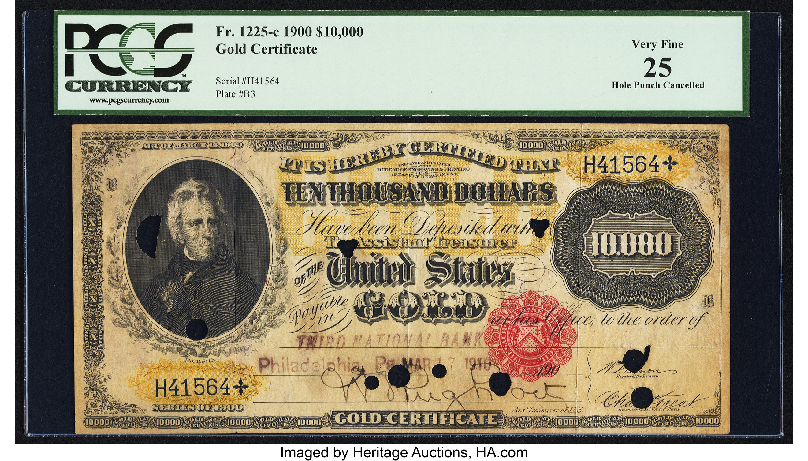 image for: Fr. 1225c $10,000 1900 Gold Certificate PCGS Very Fine 25, POCs....
