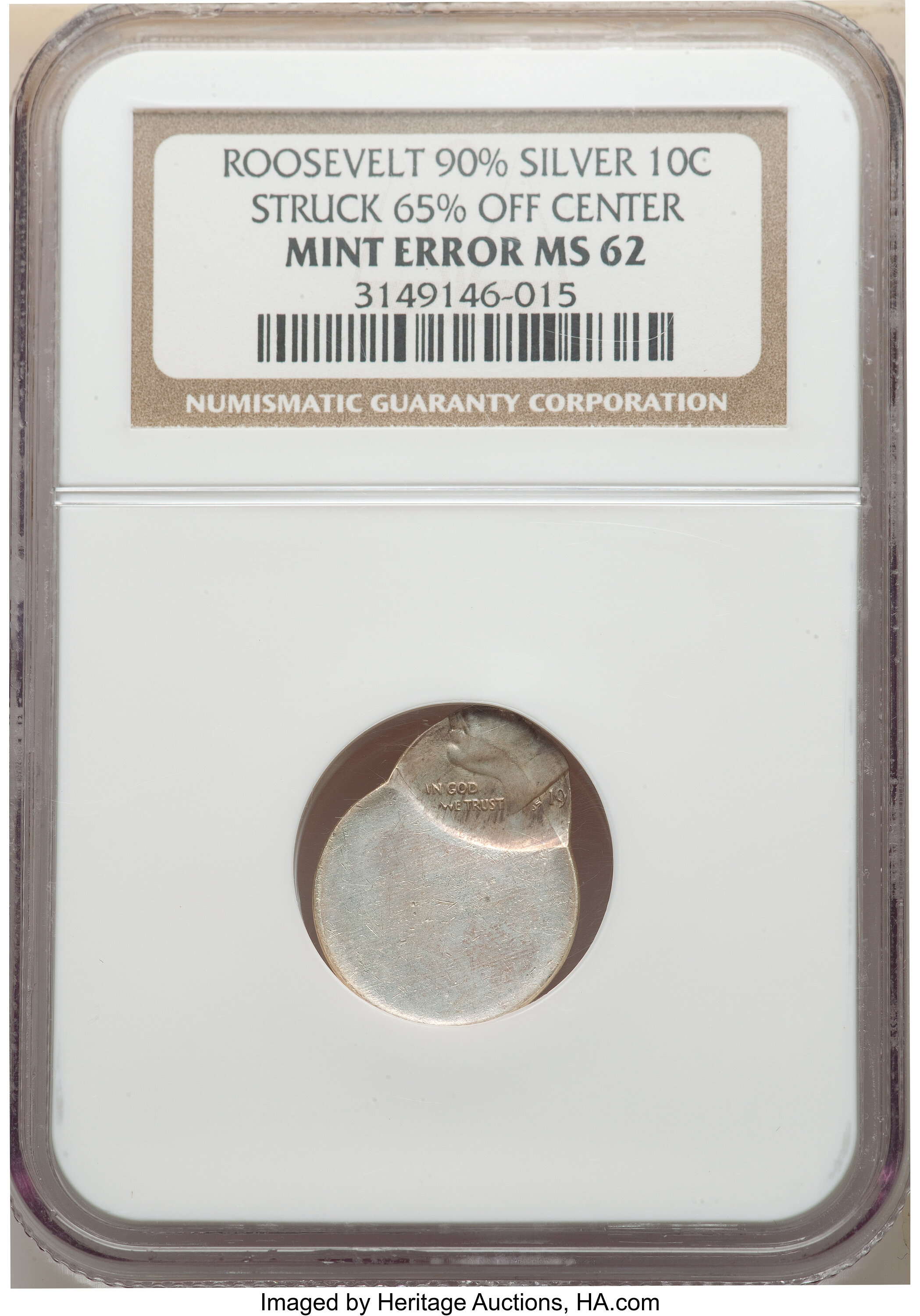 image for: No Date 10C Type One Roosevelt Dime -- Struck 65% Off Center -- MS62 NGC....