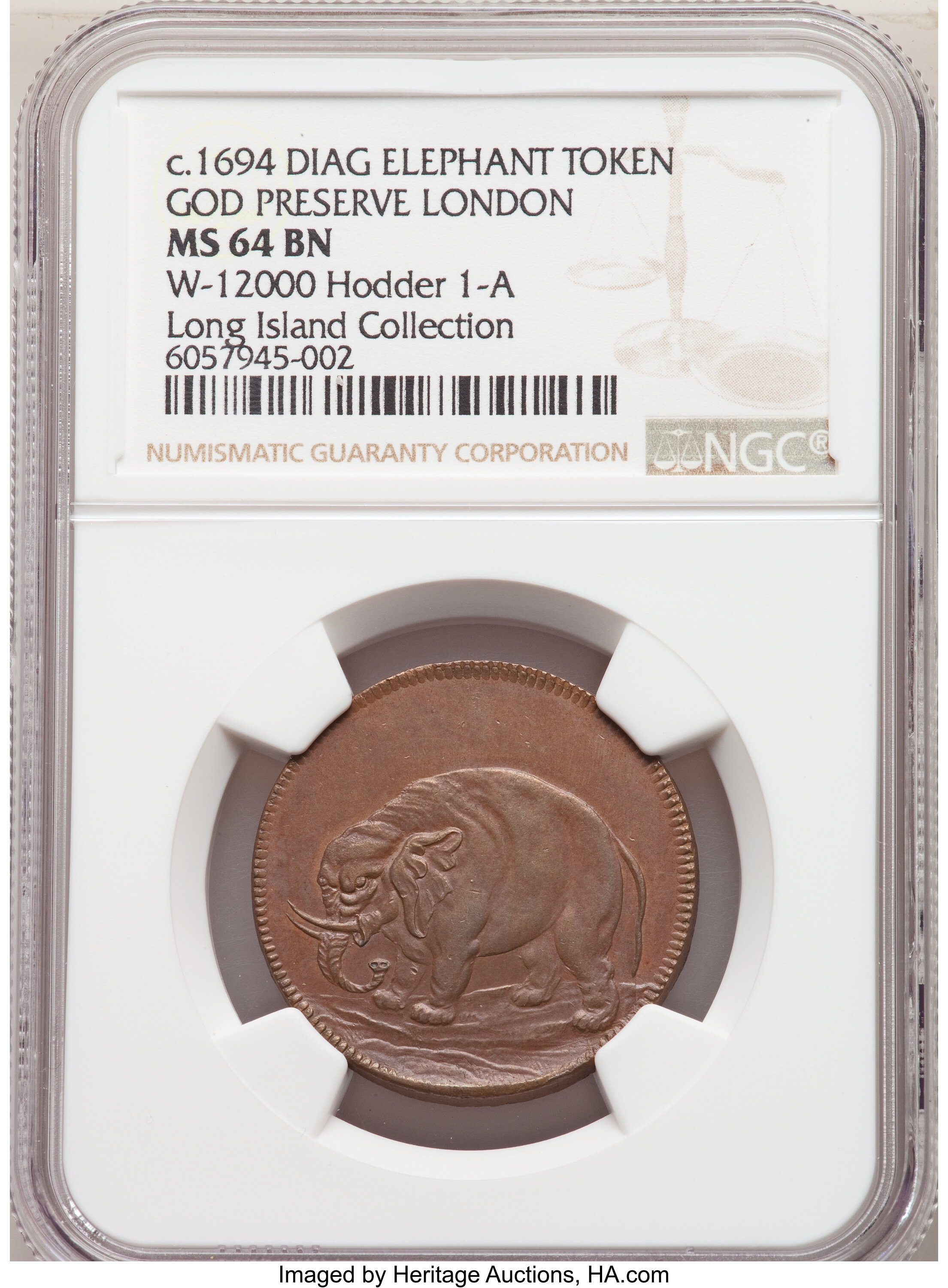 image for: (1694) 1/2 P London Elephant Token, Diagonals, MS64 Brown NGC. Betts-81, Hodder 1-A, W-12000, High R.6....