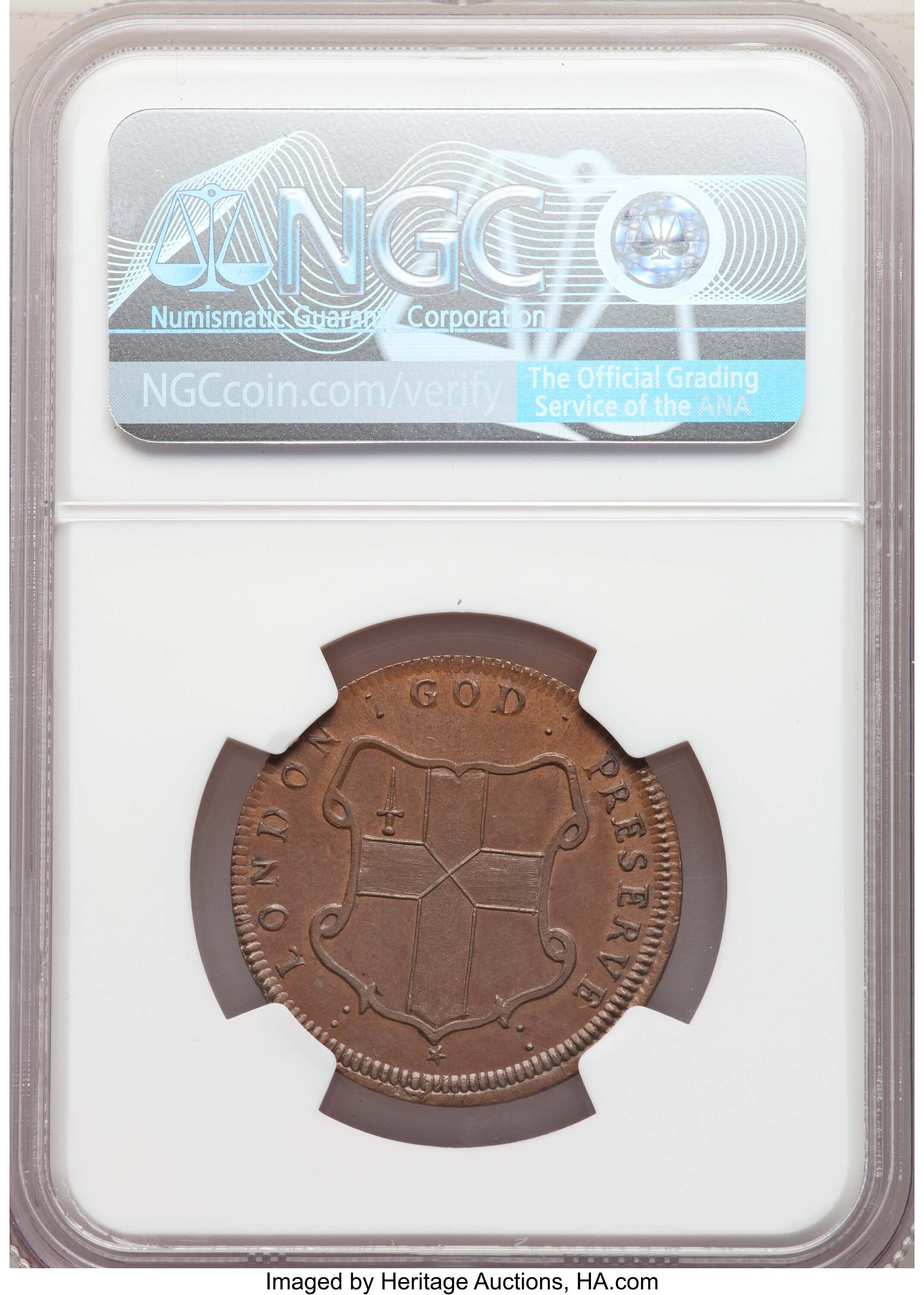 image for: (1694) 1/2 P London Elephant Token, Diagonals, MS64 Brown NGC. Betts-81, Hodder 1-A, W-12000, High R.6....