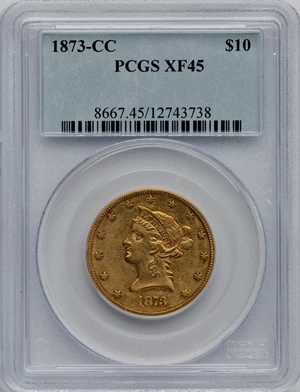 image for: 1873-CC $10 XF45 PCGS. Variety 2-B....