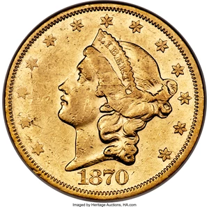 image for: 1870-CC $20 AU50 NGC. Variety 2-B....
