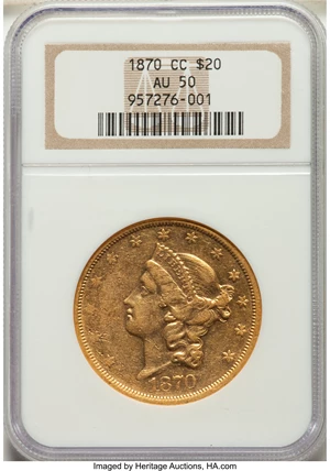 image for: 1870-CC $20 AU50 NGC. Variety 2-B....