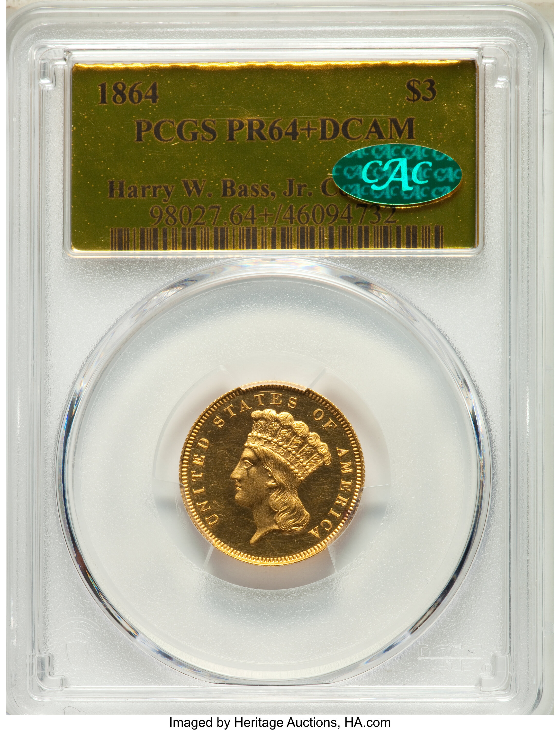 image for: 1864 $3 PR64+ Deep Cameo PCGS. CAC. JD-1, High R.6....