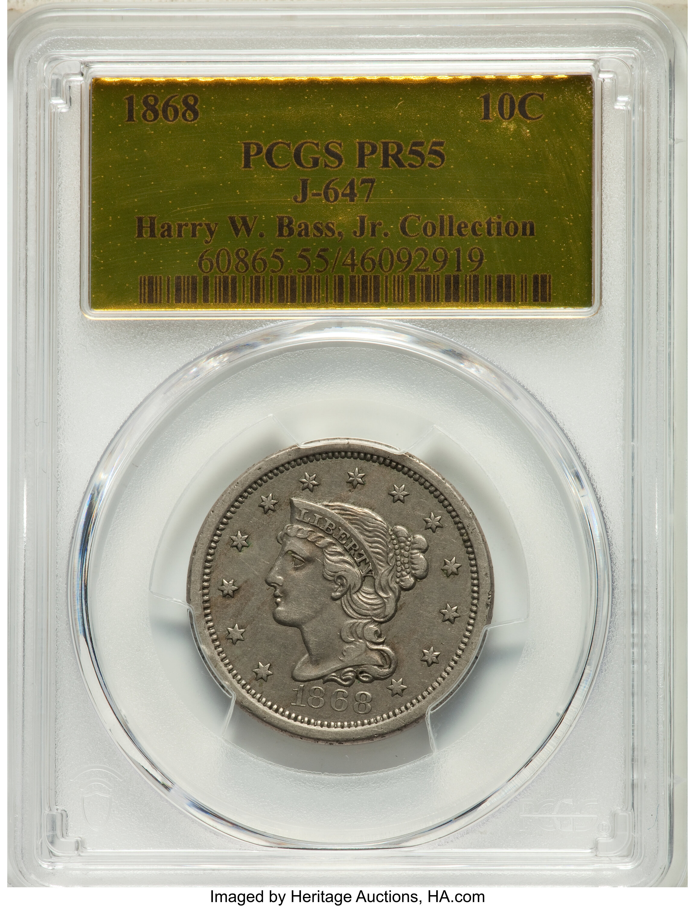 image for: 1868 10C Ten Cents, Judd-647, Pollock-720, Low R.6, PR55 PCGS....