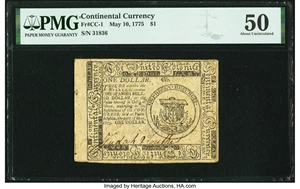 image for: Continental Currency May 10, 1775 $1 PMG About Uncirculated 50....