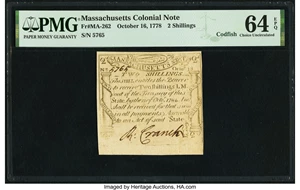 image for: Massachusetts October 16, 1778 2s PMG Choice Uncirculated 64 EPQ....