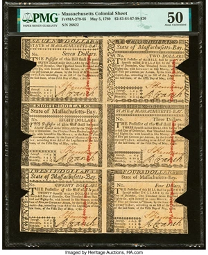 image for: Massachusetts May 5, 1780 Uncut Sheet of $2-$3-$4-$7-$8-$20 MA-279-280-281-283-284-285 PMG About Uncirculated 50, COCs....