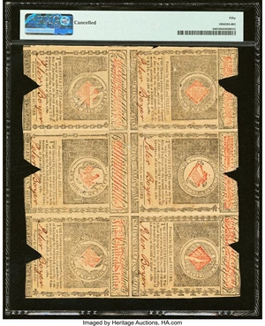 image for: Massachusetts May 5, 1780 Uncut Sheet of $2-$3-$4-$7-$8-$20 MA-279-280-281-283-284-285 PMG About Uncirculated 50, COCs....