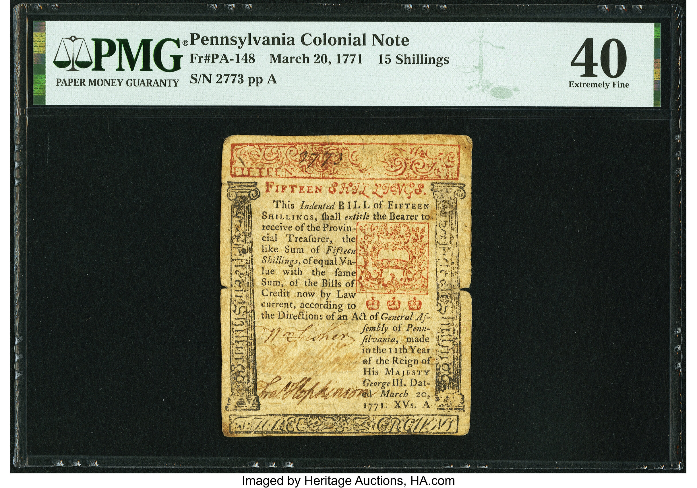 image for: Pennsylvania March 20, 1771 15s PMG Extremely Fine 40....