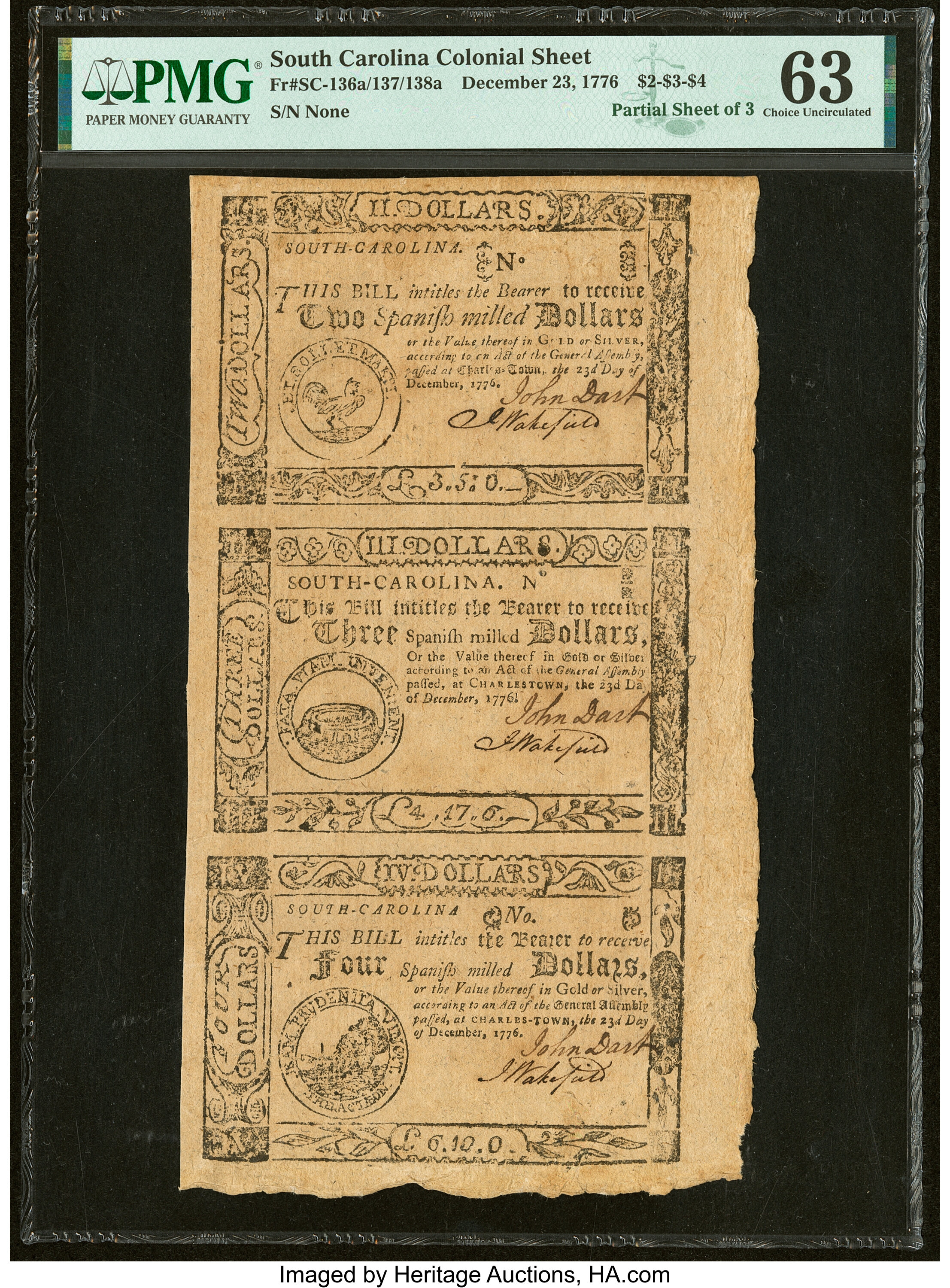 image for: South Carolina December 23, 1776 $2-$3-$4 Partial Sheet of Three PMG Choice Uncirculated 63....