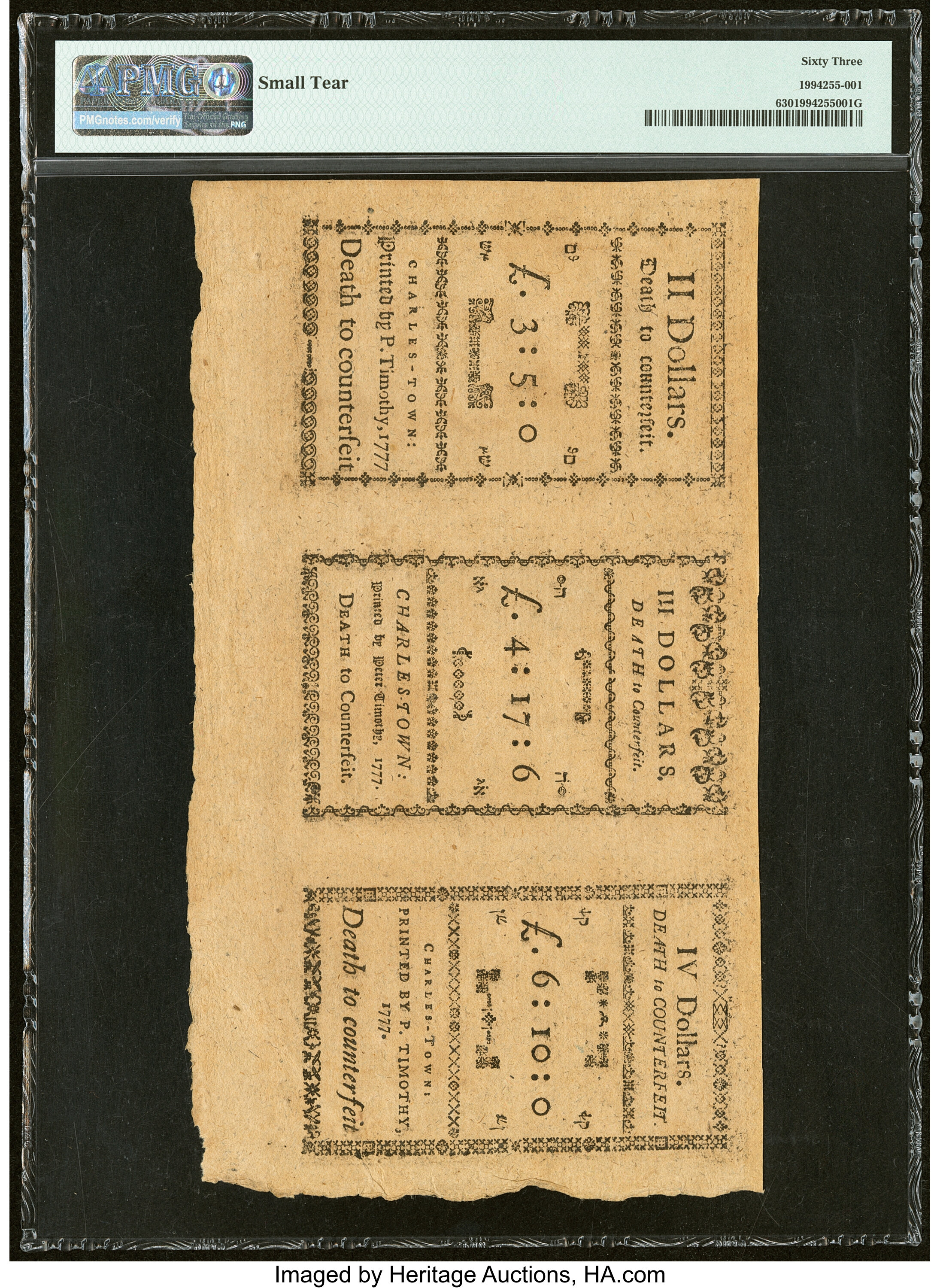 image for: South Carolina December 23, 1776 $2-$3-$4 Partial Sheet of Three PMG Choice Uncirculated 63....