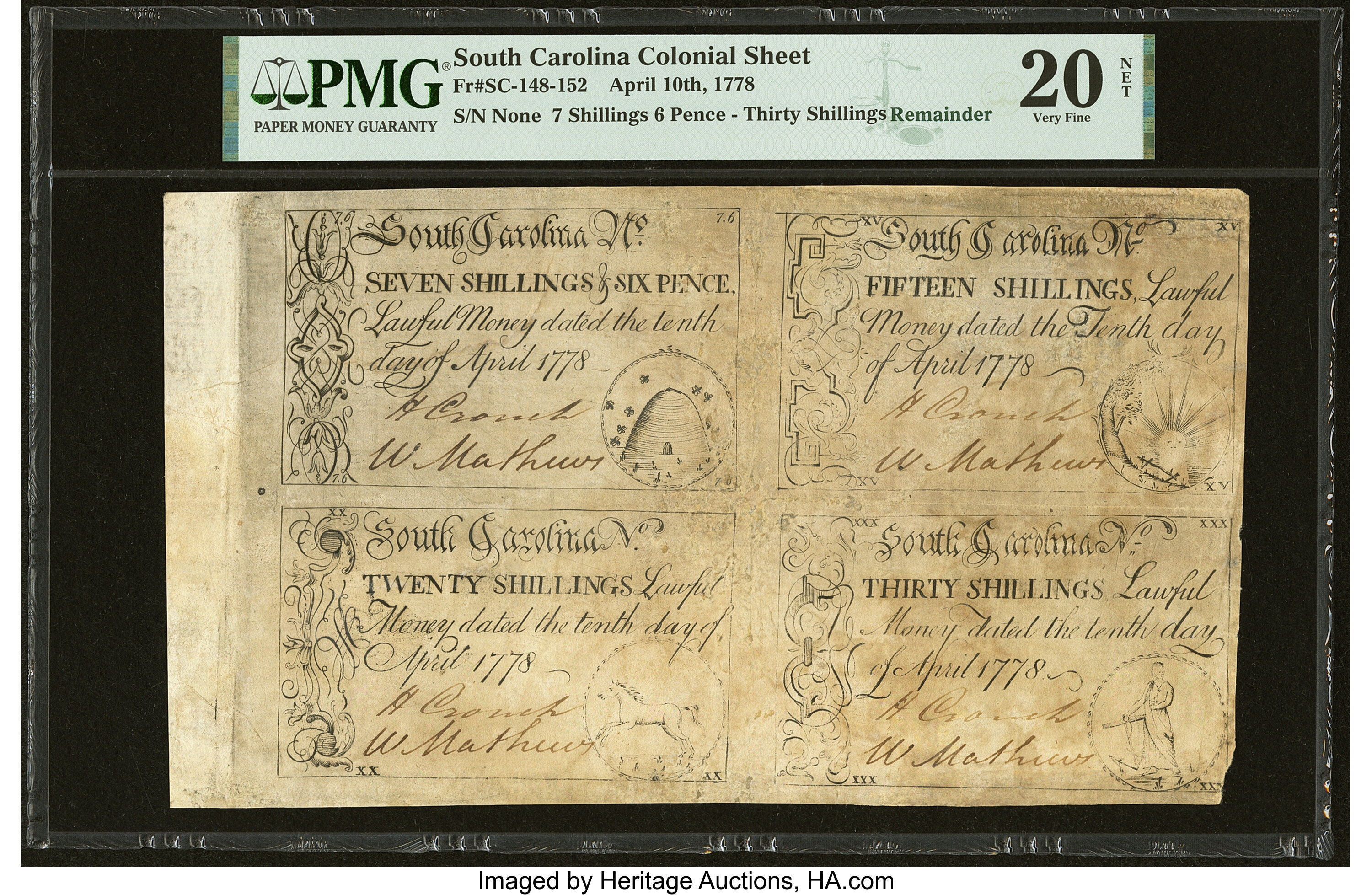 image for: South Carolina April 10, 1778 7s/6d, 15s, 20s, 30s Uncut Sheet PMG Very Fine 20 Net....