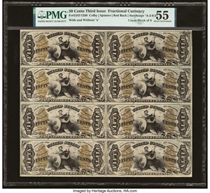 image for: Fr. 1347 (6)-1350 (2) 50¢ Third Issue Justice Uncut Block of Eight PMG About Uncirculated 55....