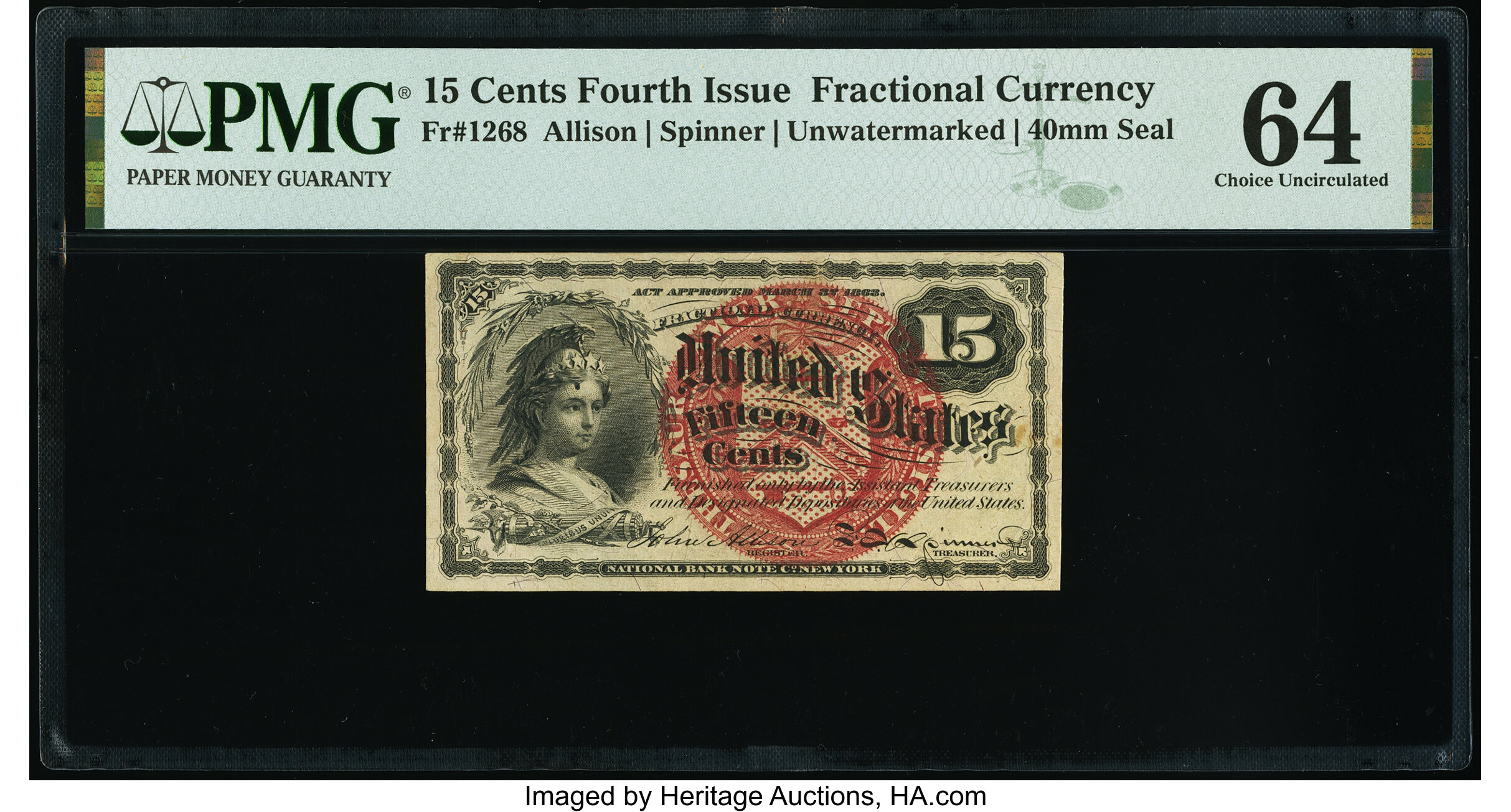 image for: Fr. 1268 15¢ Fourth Issue PMG Choice Uncirculated 64....