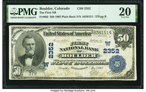 image for: Boulder, CO - $50 1902 Plain Back Fr. 682 The First National Bank Ch. # (W)2352 PMG Very Fine 20....