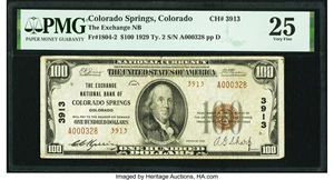 image for: Colorado Springs, CO - $100 1929 Ty. 2 The Exchange National Bank Ch. # 3913 PMG Very Fine 25....