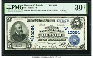 image for: Denver, CO - $5 1902 Date Back Fr. 594 The Federal National Bank Ch. # (W)10064 PMG Very Fine 30 EPQ....