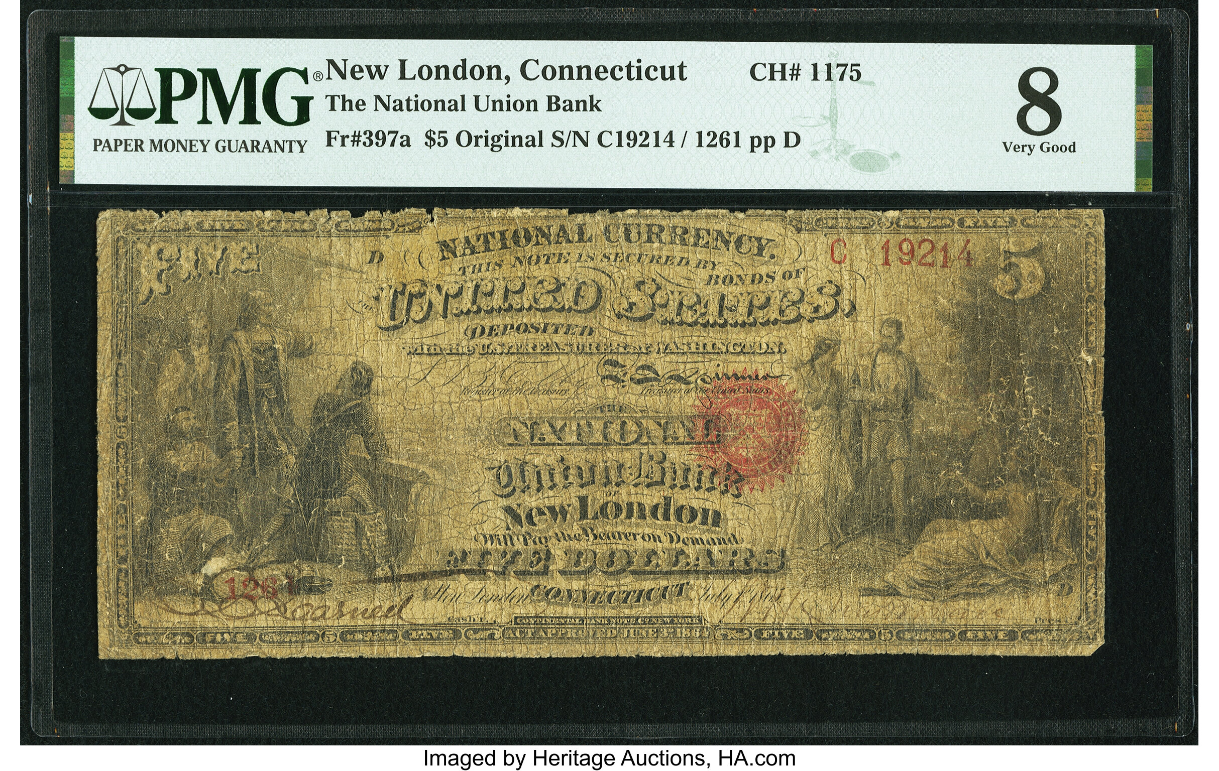 image for: New London, CT - $5 Original Fr. 397a The National Union Bank Ch. # 1175 PMG Very Good 8....