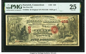 image for: Norwich, CT - $5 Original Fr. 394b The First National Bank Ch. # 458 PMG Very Fine 25....
