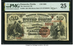image for: Pensacola, FL - $20 1882 Brown Back Fr. 504 The American National Bank Ch. # (S)5603 PMG Very Fine 25....