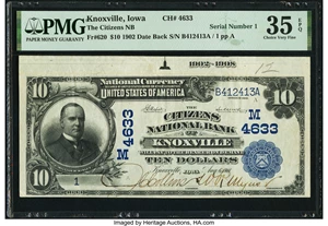 image for: Serial Number 1 Knoxville, IA - $10 1902 Date Back Fr. 620 The Citizens National Bank Ch. # (M)4633 PMG Choice Very Fine 35 EP...