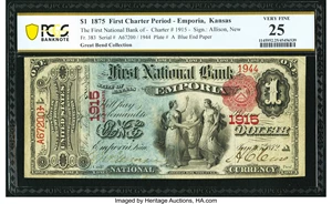 image for: Emporia, KS - $1 1875 Fr. 383 The First National Bank Ch. # 1915 PCGS Banknote Very Fine 25....