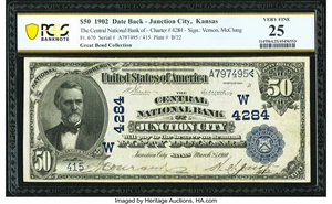 image for: Junction City, KS - $50 1902 Date Back Fr. 670 The Central National Bank Ch. # (W)4284 PCGS Banknote Very Fine 25....