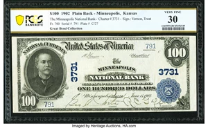 image for: Minneapolis, KS - $100 1902 Plain Back Fr. 700 The Minneapolis National Bank Ch. # 3731 PCGS Banknote Very Fine 30....