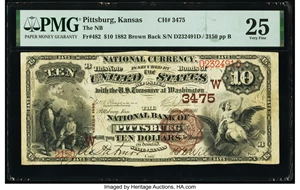 image for: Pittsburg, KS - $10 1882 Brown Back Fr. 482 The National Bank of Pittsburg Ch. # (W)3475 PMG Very Fine 25....