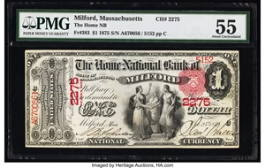 image for: Milford, MA - $1 1875 Fr. 383 The Home National Bank Ch. # 2275 PMG About Uncirculated 55....
