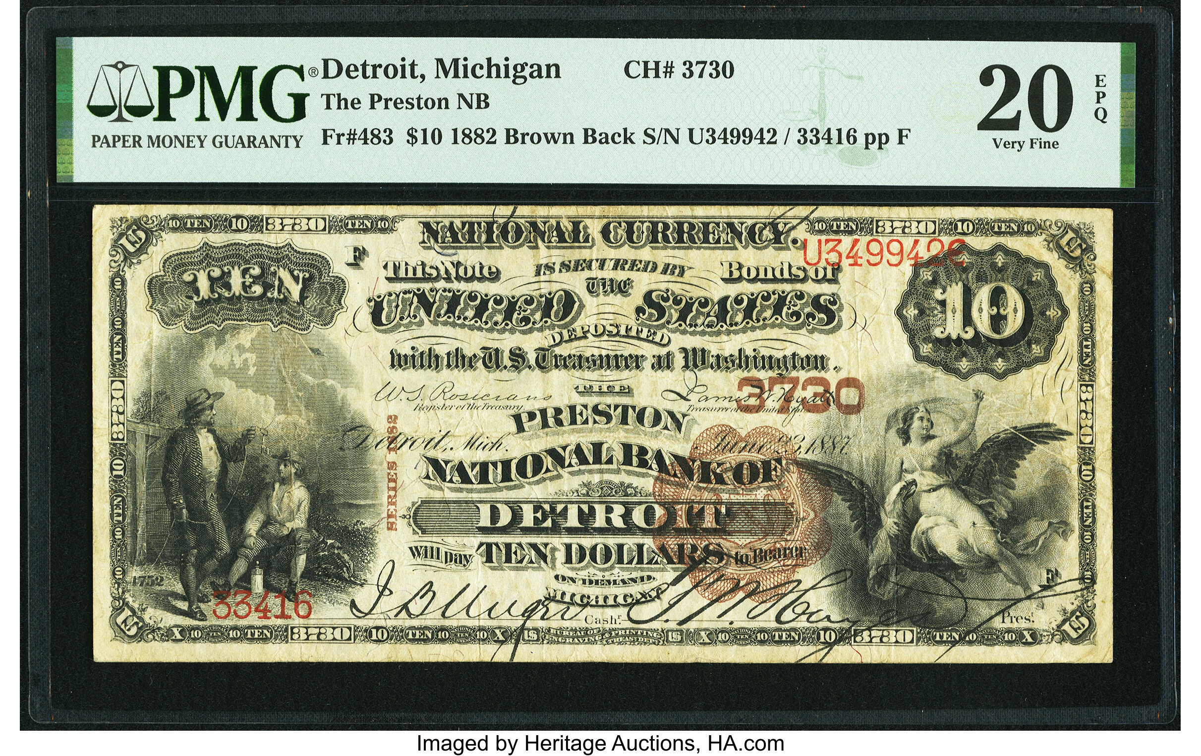 image for: Detroit, MI - $10 1882 Brown Back Fr. 483 The Preston National Bank Ch. # 3730 PMG Very Fine 20 EPQ....