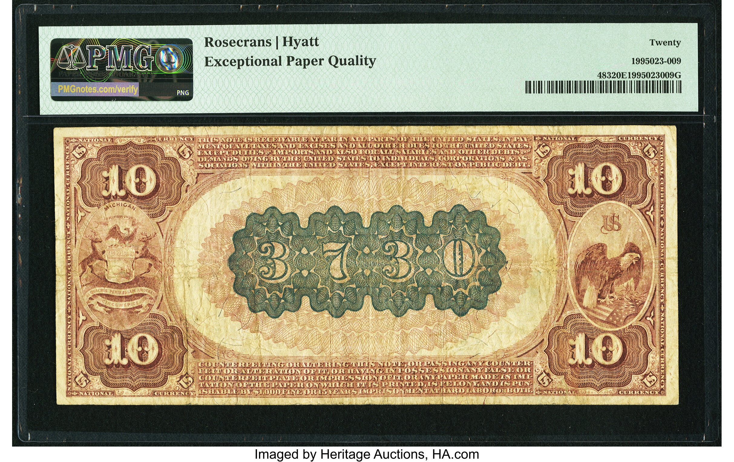 image for: Detroit, MI - $10 1882 Brown Back Fr. 483 The Preston National Bank Ch. # 3730 PMG Very Fine 20 EPQ....