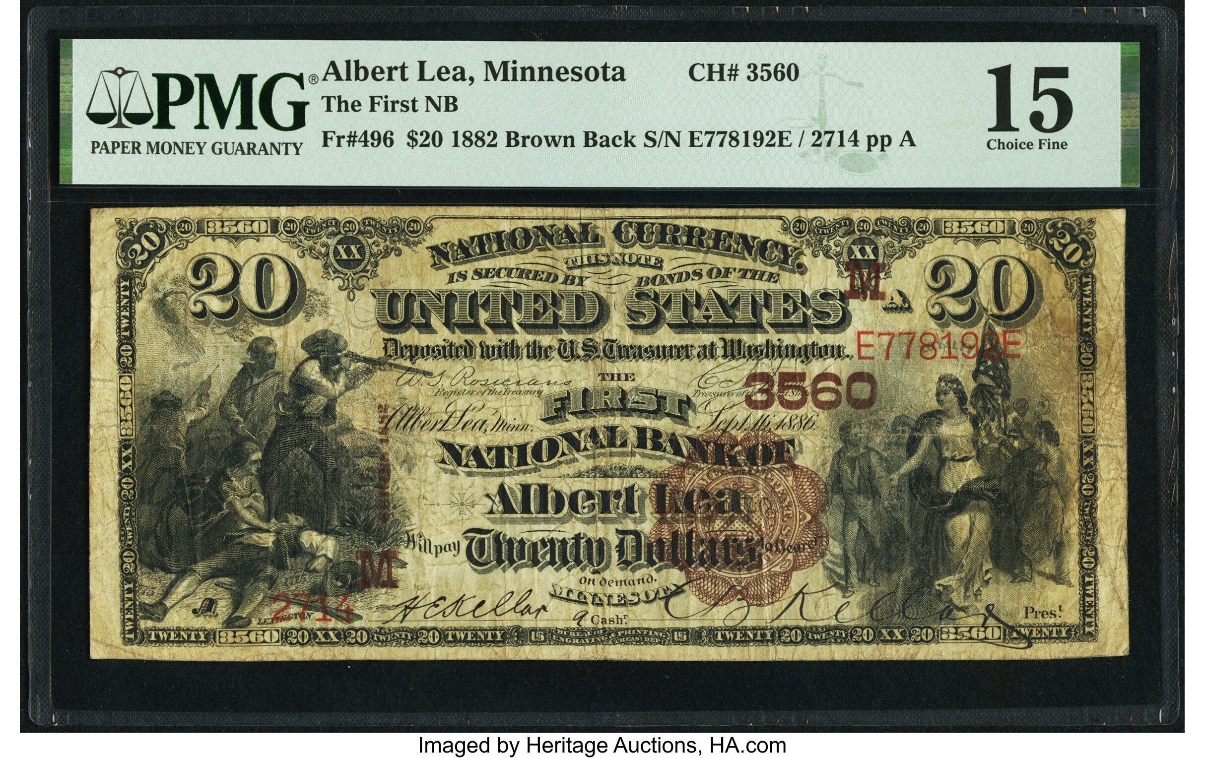 image for: Albert Lea, MN - $20 1882 Brown Back Fr. 496 The First National Bank Ch. # (M)3560 PMG Choice Fine 15....