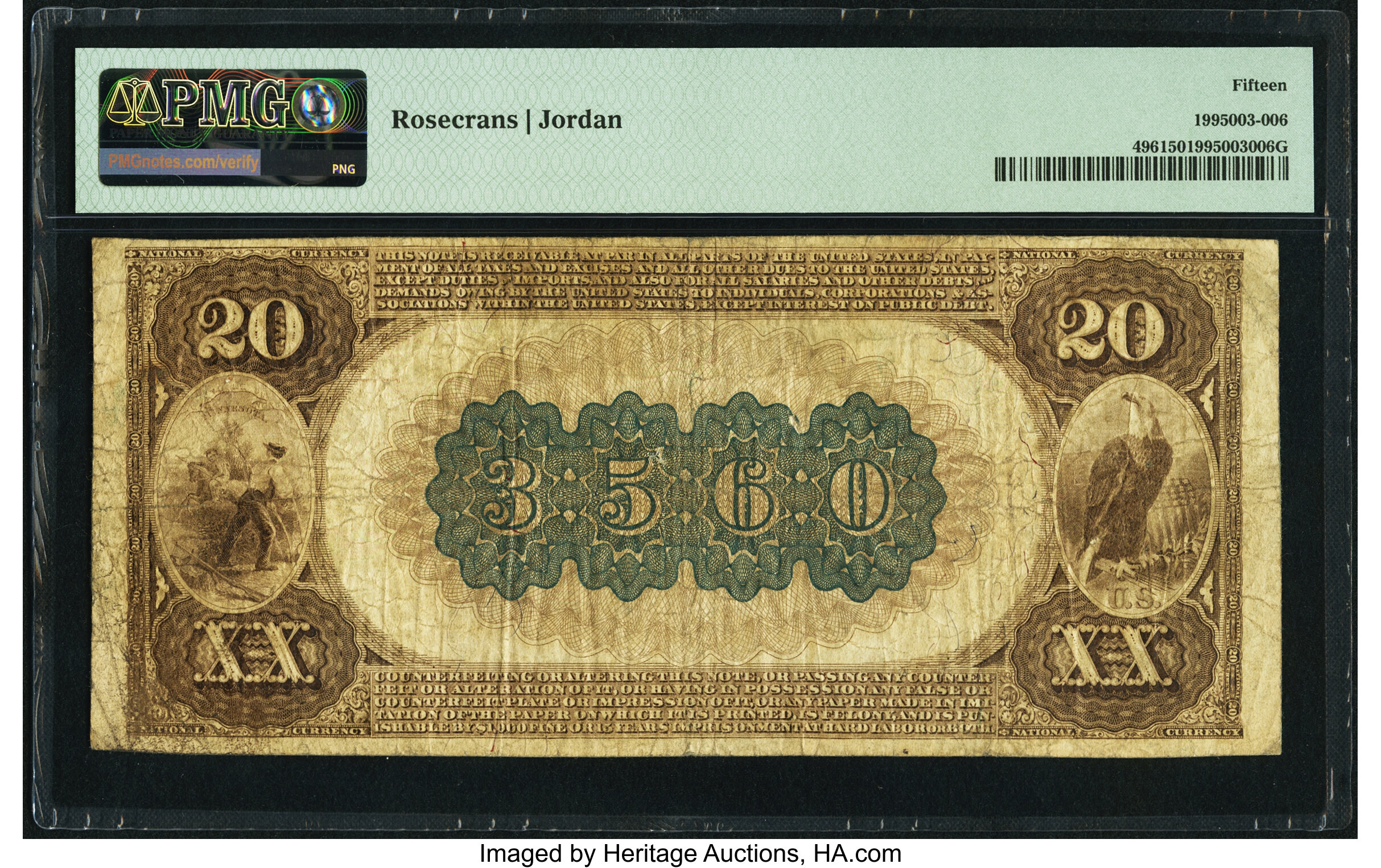 image for: Albert Lea, MN - $20 1882 Brown Back Fr. 496 The First National Bank Ch. # (M)3560 PMG Choice Fine 15....