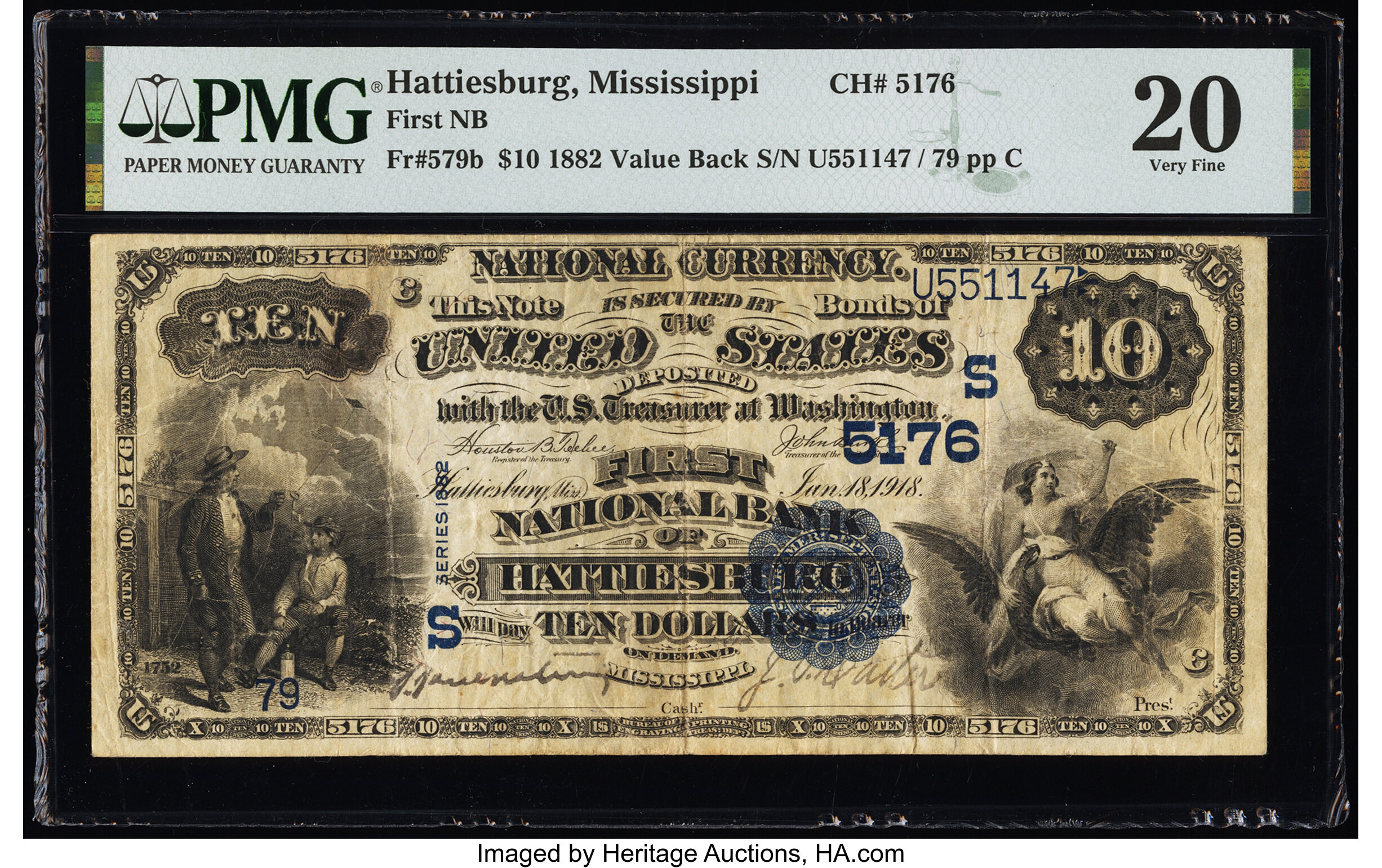 image for: Hattiesburg, MS - $10 1882 Value Back Fr. 579b First National Bank Ch. # (S)5176 PMG Very Fine 20....