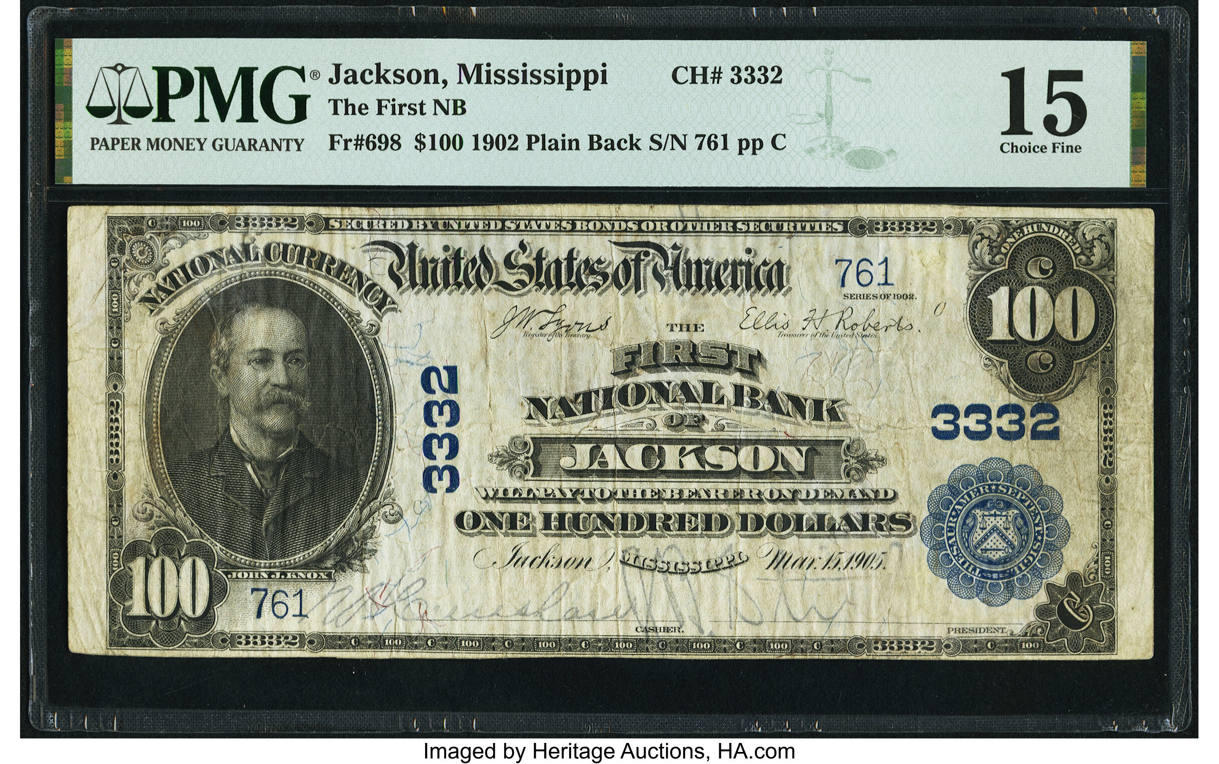 image for: Jackson, MS - $100 1902 Plain Back Fr. 698 The First National Bank Ch. # 3332 PMG Choice Fine 15....
